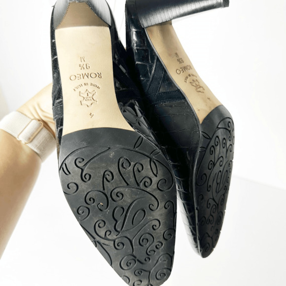 Brighton Romeo Mules Italian Black Patent Leather Kitten Heel Croc embossed 9.5 - Picture 6 of 7